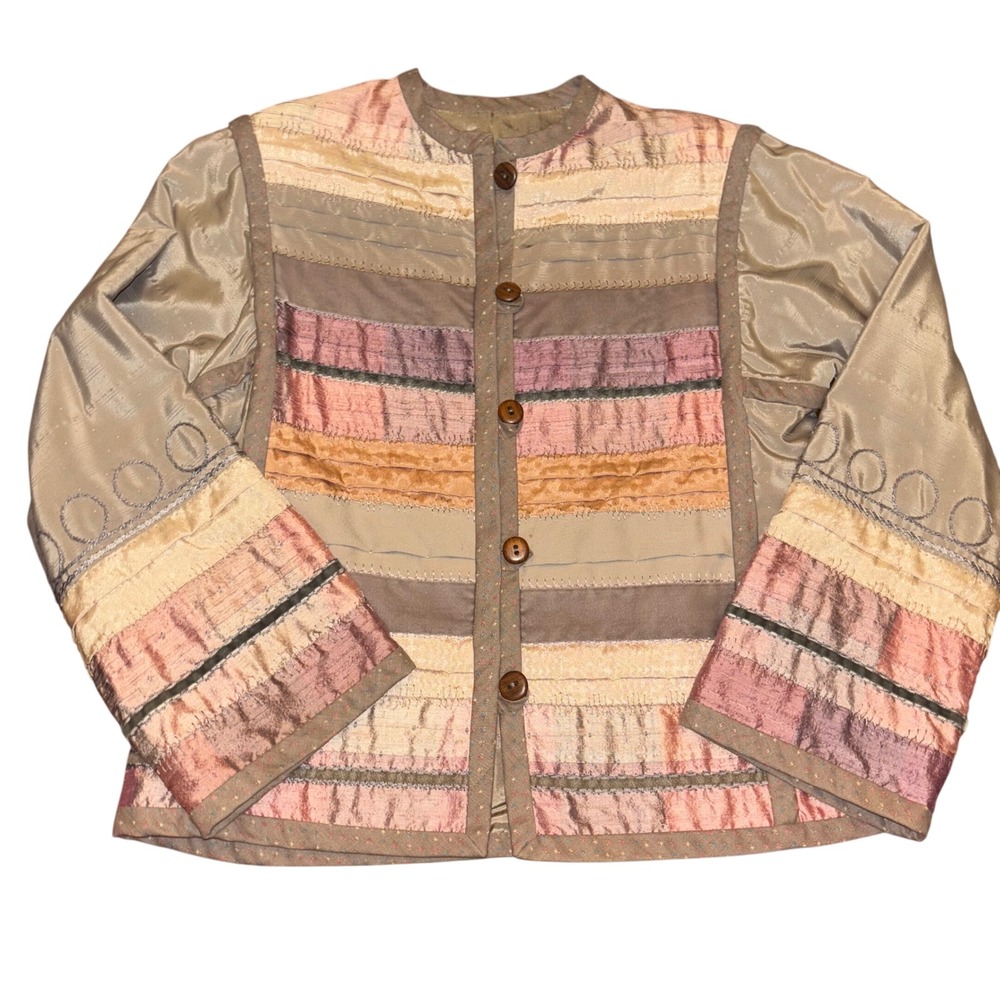Artisan Patchwork Jacket | Women Beige Pink Silk‎ Blend | Buttons | Small 4-6